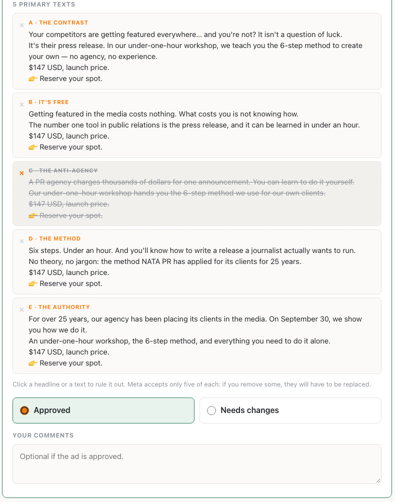 Cinq descriptions dont une écartée, puis Approuvé ou À corriger